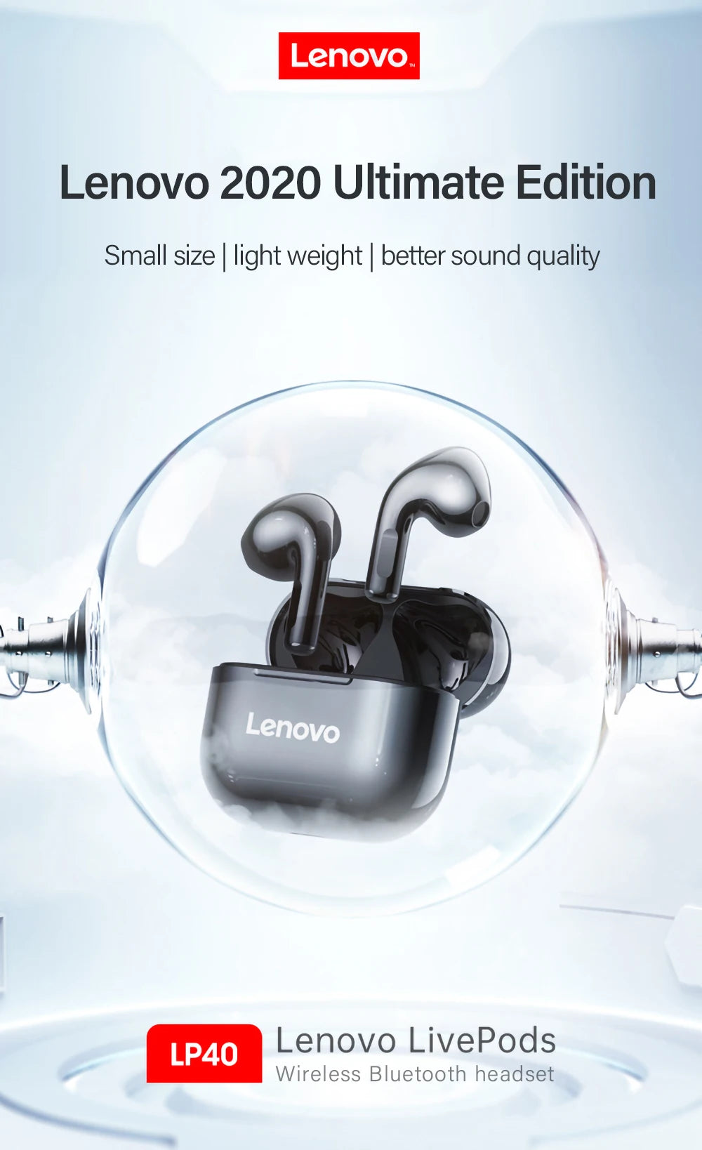 Lenovo LP40 TWS Wireless Earbuds – Bluetooth 5.0 In-Ear Headphones with Mic