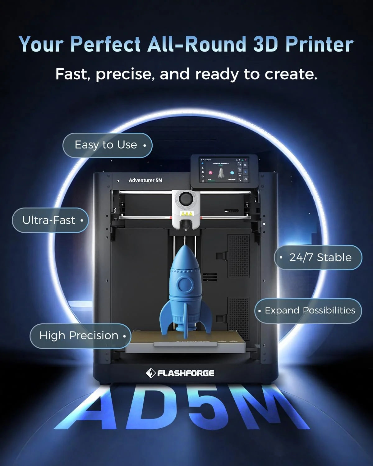 Flashforge AD5M FDM 3D Printer – 600mm/s, Auto Bed Leveling & Quick-Change Nozzle