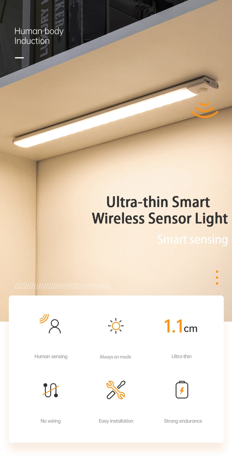 Magnetic LED Under-Cabinet Light with Motion Sensor | USB Rechargeable