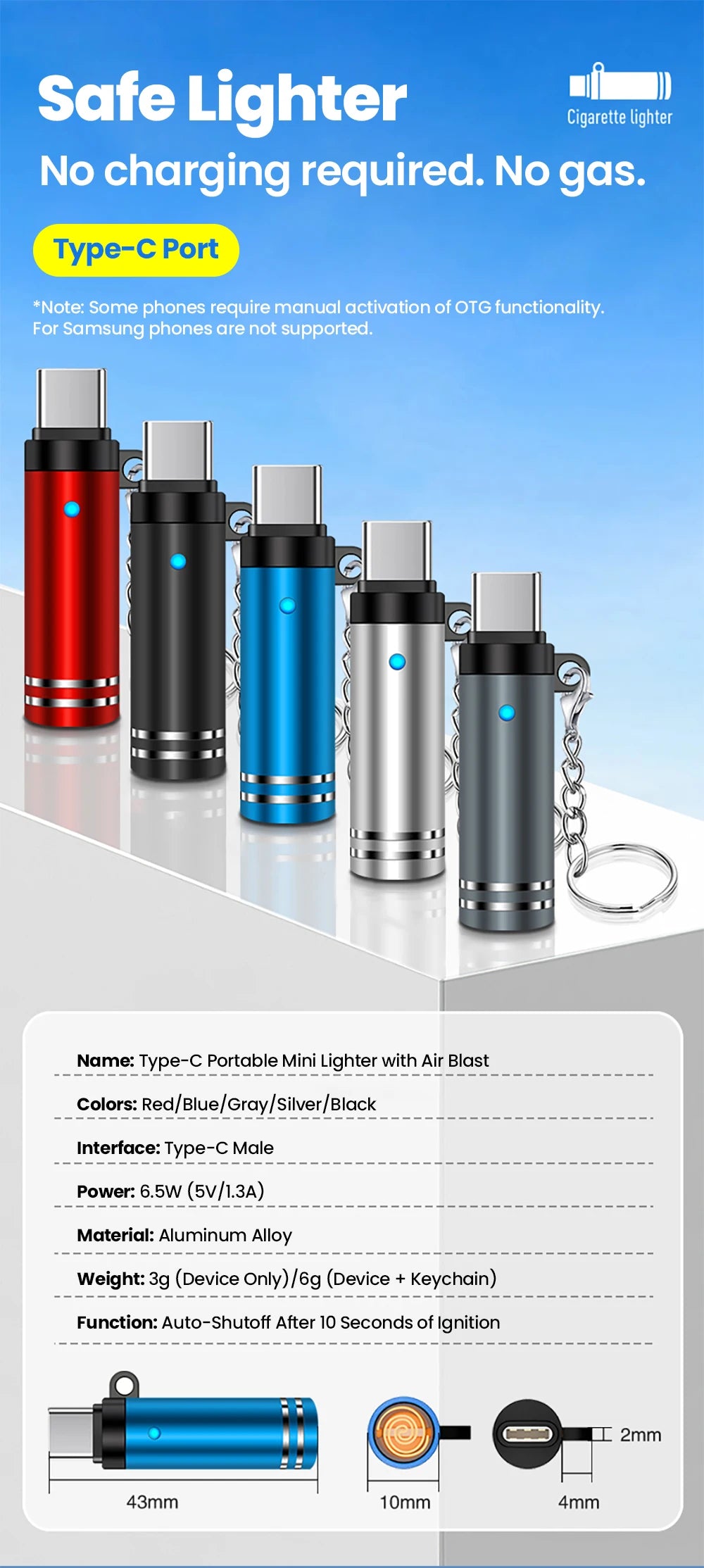 Mini Type-C Aansteker – USB-C Elektrische Aansteker voor iPhone & Android