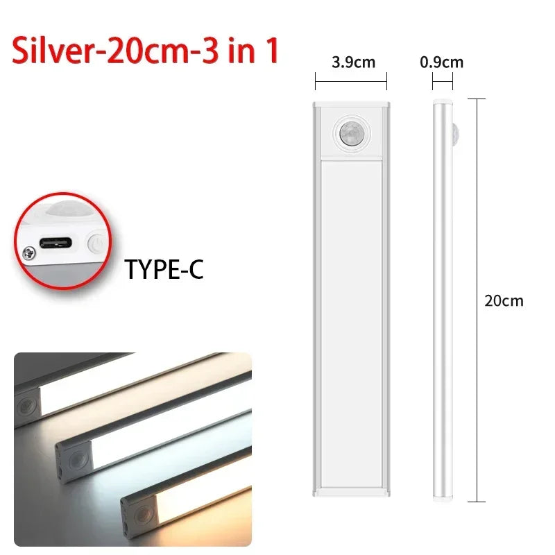 Magnetic Motion Sensor LED Cabinet Light – Silver 20cm, 3-in-1