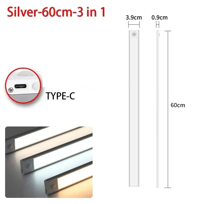 Magnetic Motion Sensor LED Cabinet Light – Silver 60cm, 3-in-1