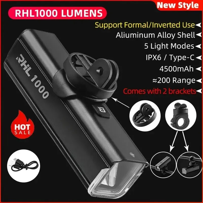 ROCKBROS RHL1000 Bike Front Light – 1000LM, IPX6, USB-C Rechargeable